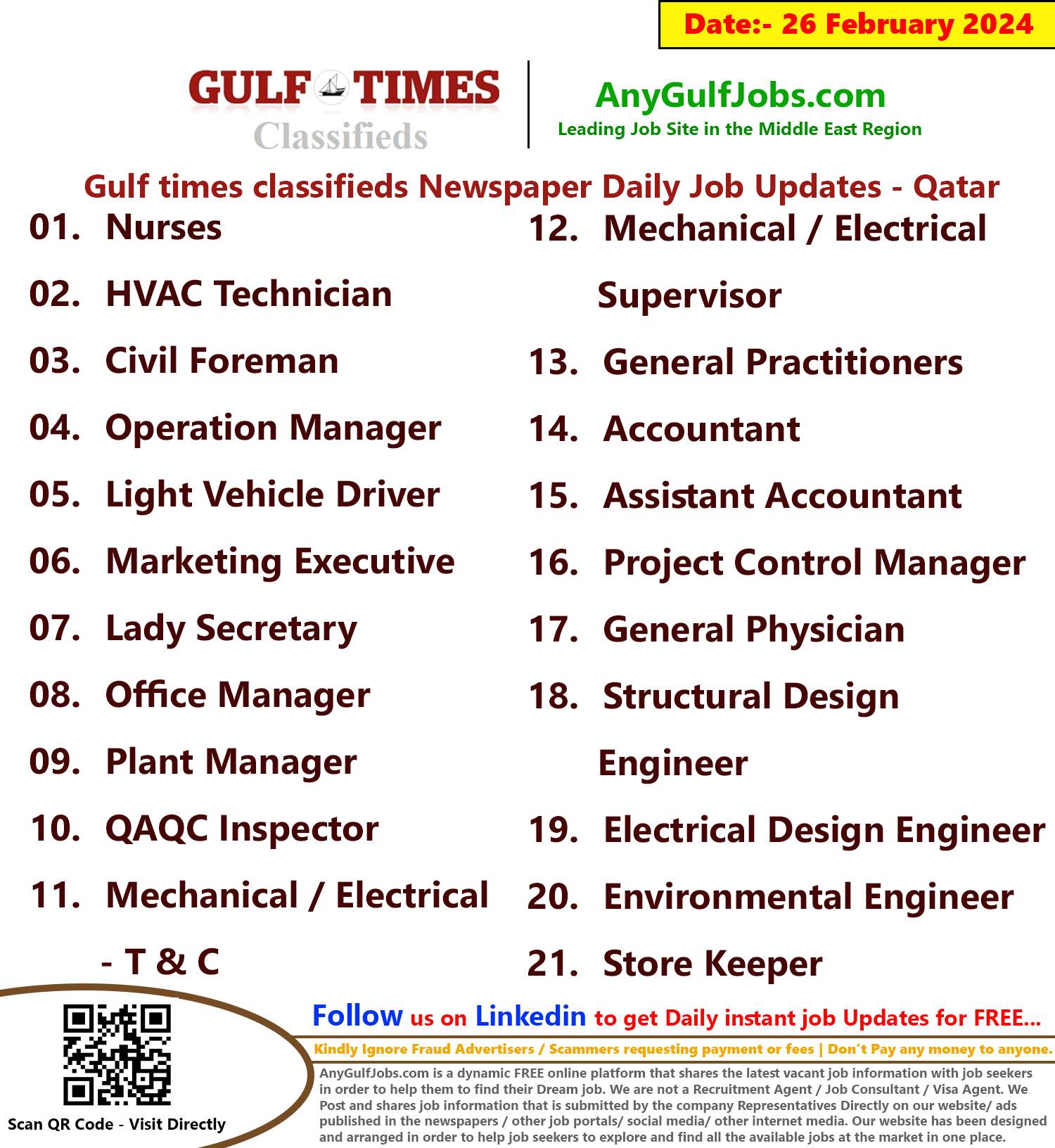 Gulf Times Classifieds Job Vacancies Qatar - 26 February 2024