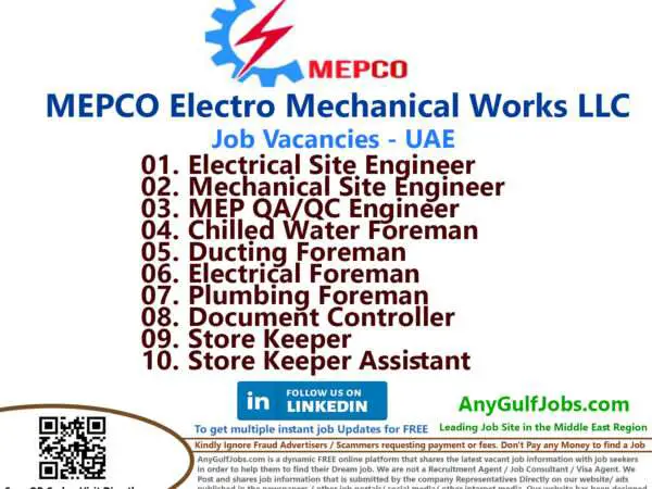 List of MEPCO Electro Mechanical Works LLC Jobs - United Arab Emirates