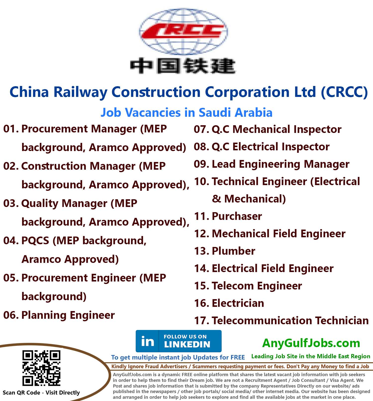 List of China Railway Construction Corporation Ltd (CRCC) Jobs - Saudi Arabia