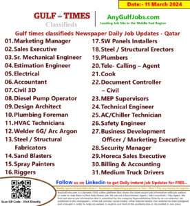 Gulf Times Classifieds Job Vacancies Qatar - 11 March 2024