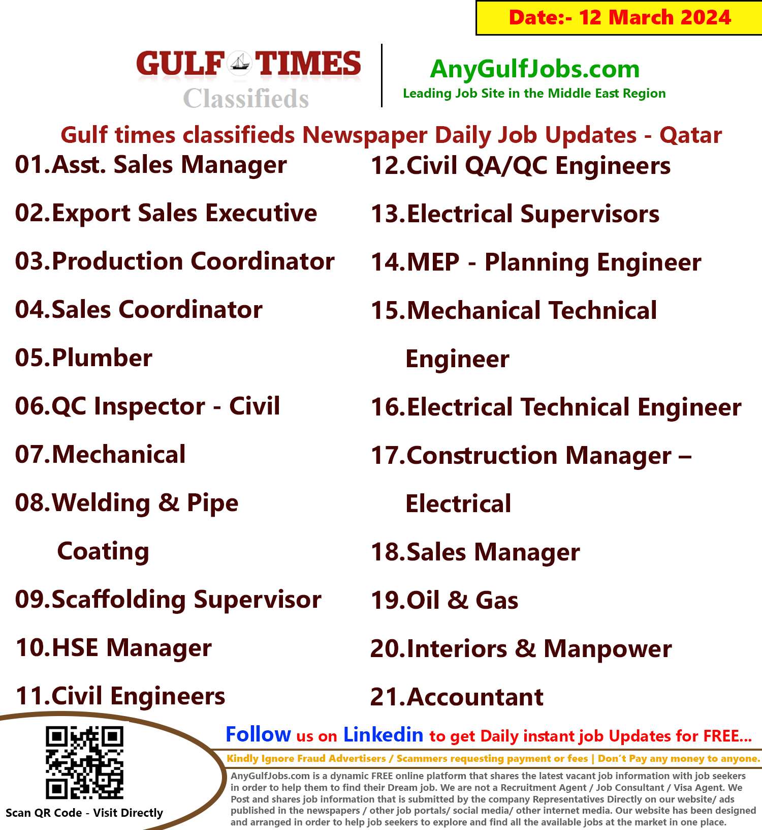 Gulf Times Classifieds Job Vacancies Qatar - 12 March 2024