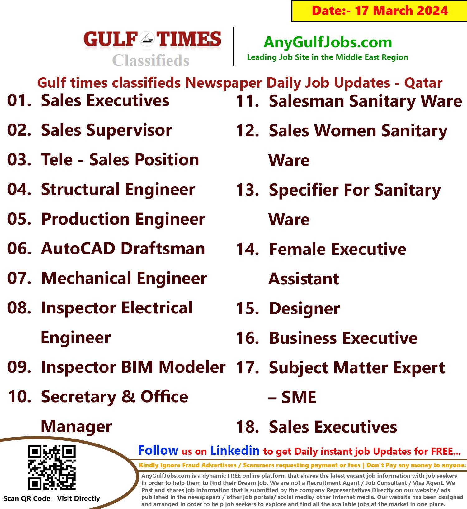 Gulf Times Classifieds Job Vacancies Qatar - 17 March 2024