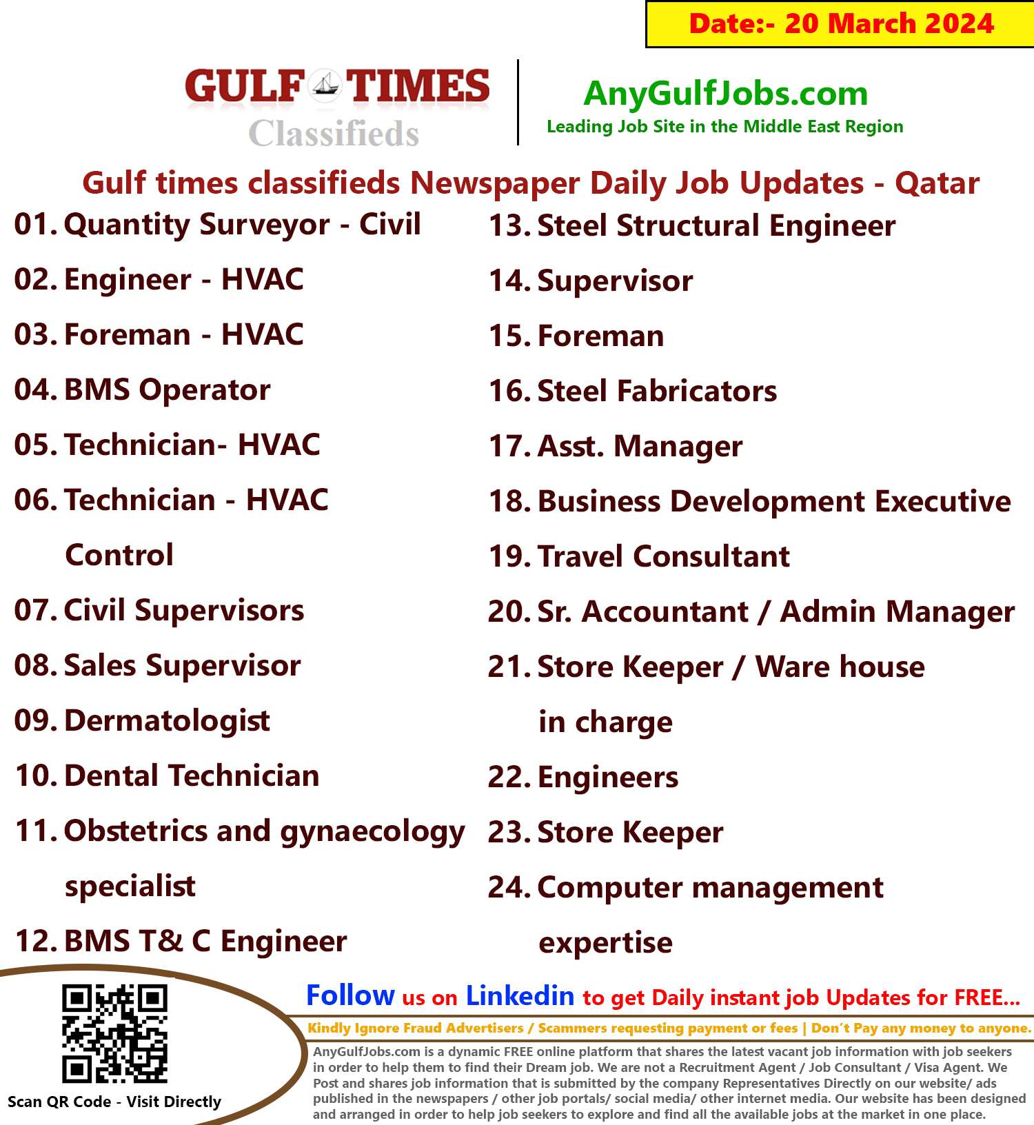 Gulf Times Classifieds Job Vacancies Qatar - 20 March 2024