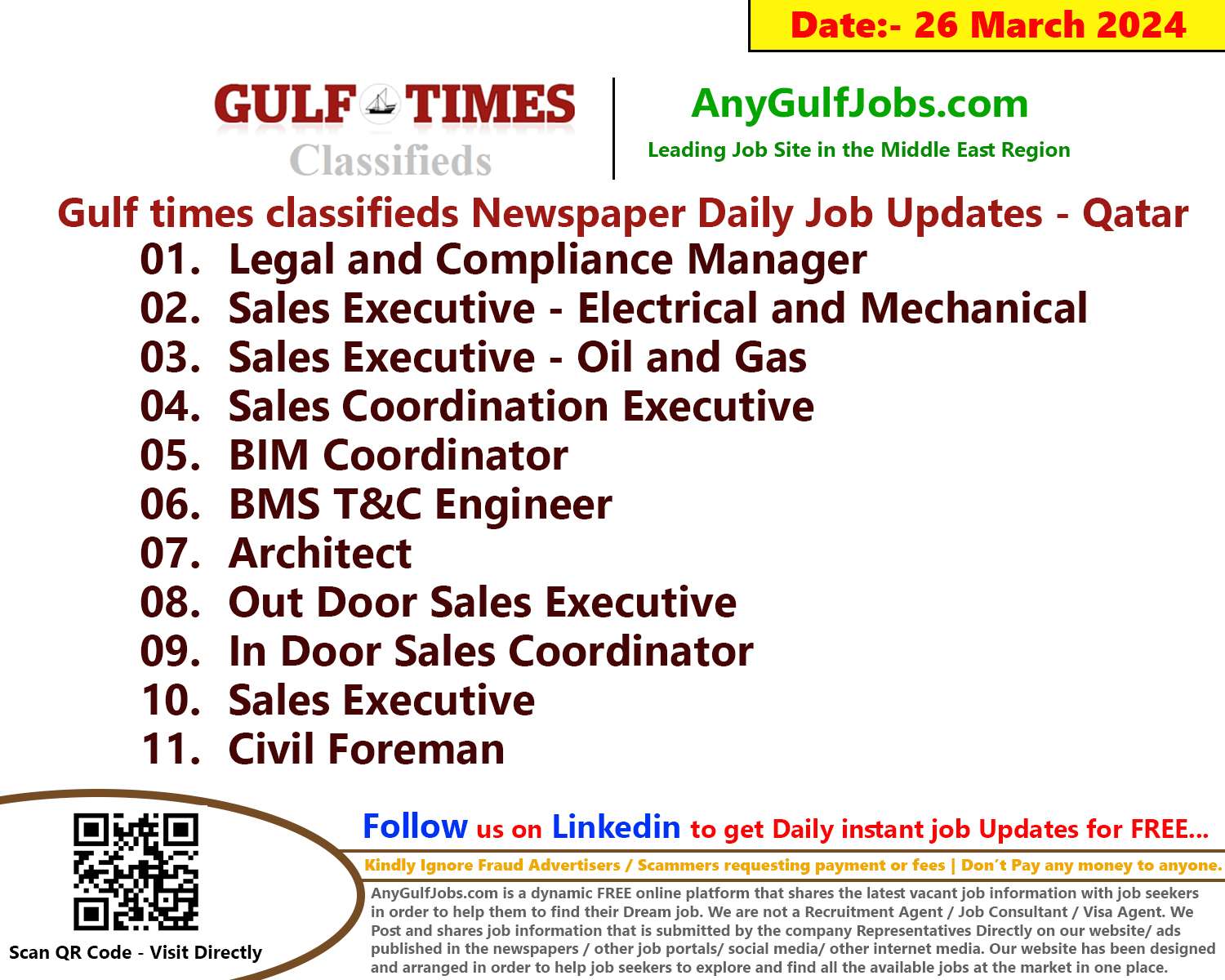 Gulf Times Classifieds Job Vacancies Qatar - 26 March 2024