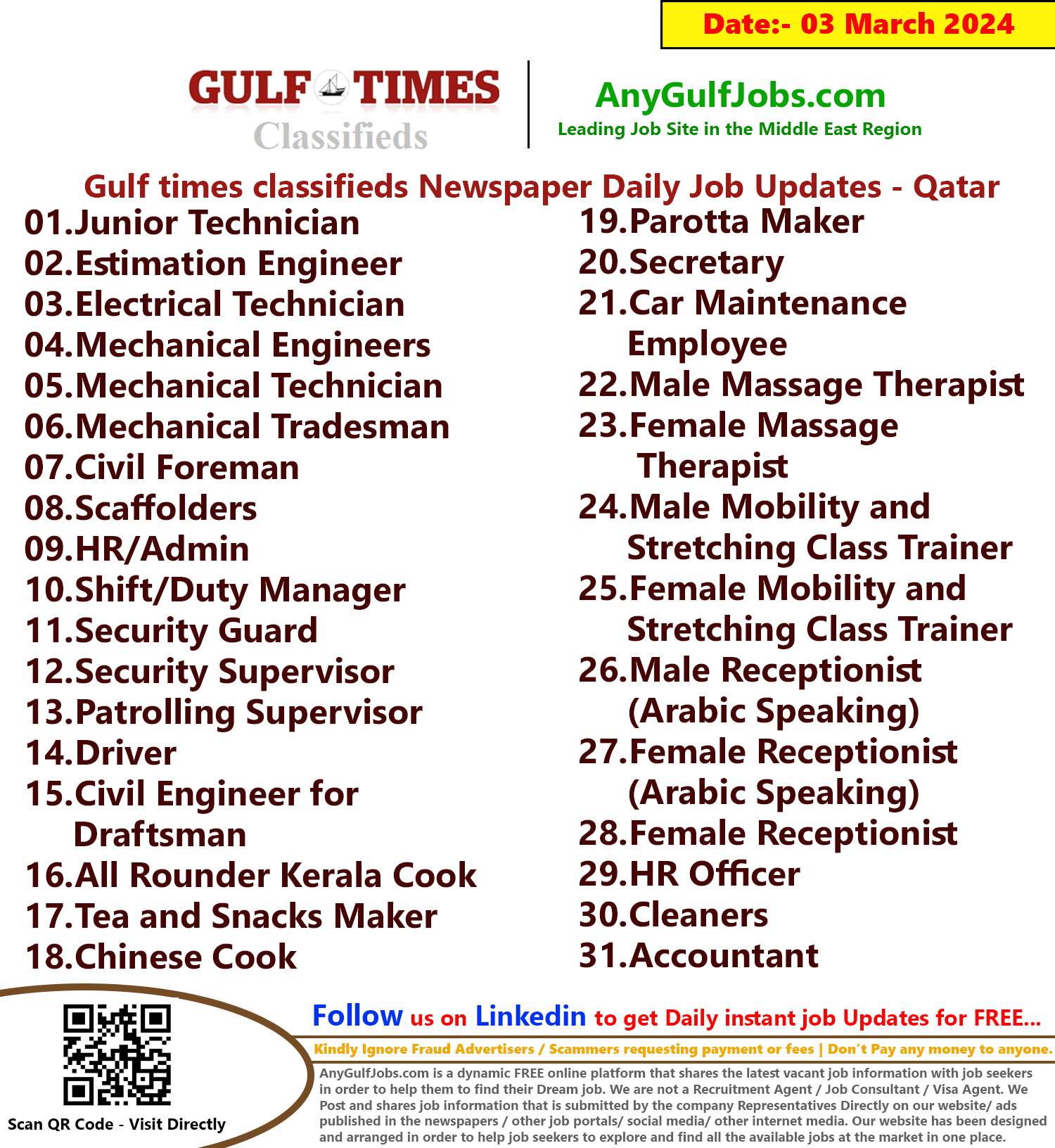 Gulf Times Classifieds Job Vacancies Qatar - 03 March 2024