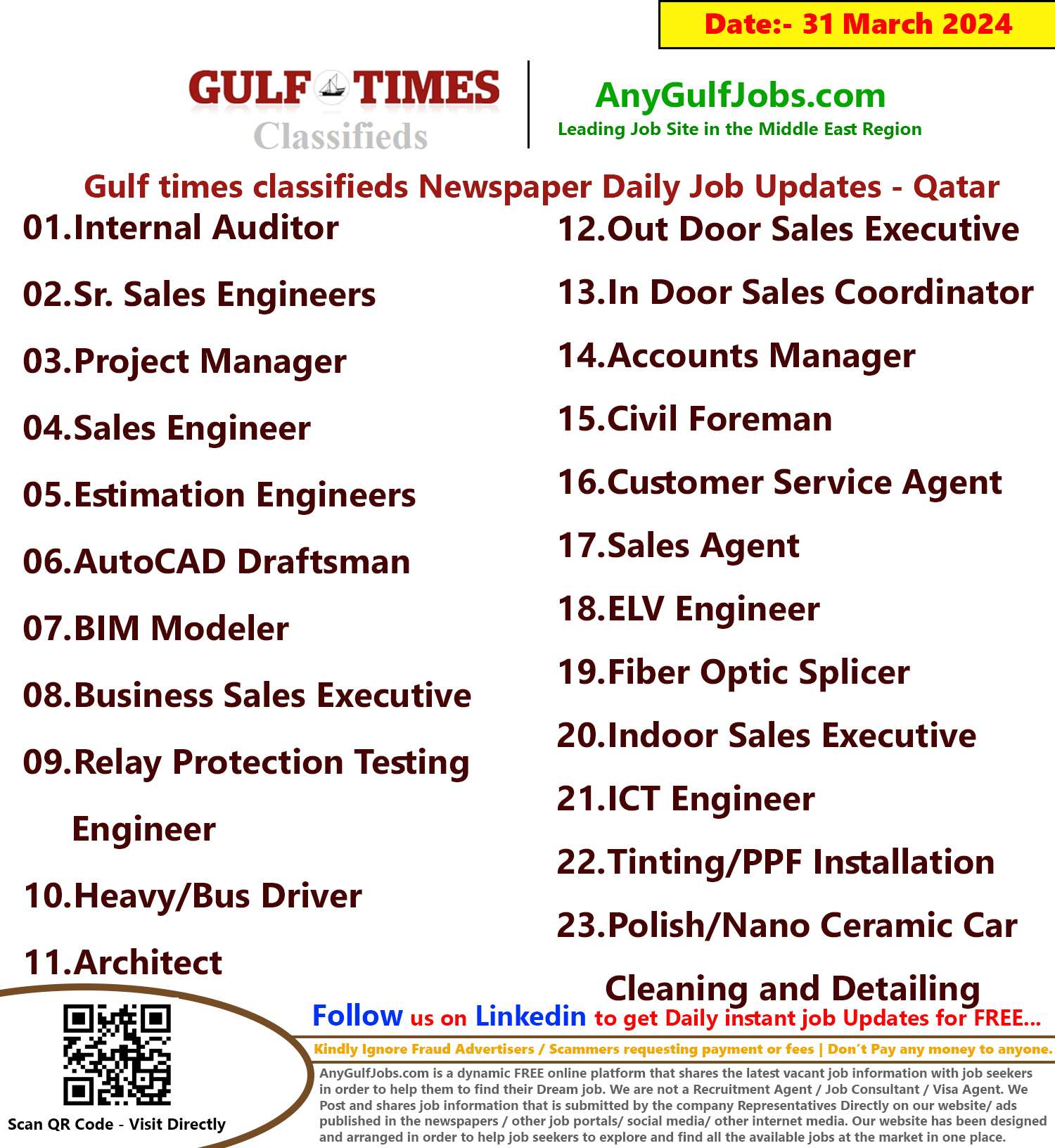 Gulf Times Classifieds Job Vacancies Qatar - 31 March 2024