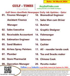 Gulf Times Classifieds Job Vacancies Qatar - 04 March 2024