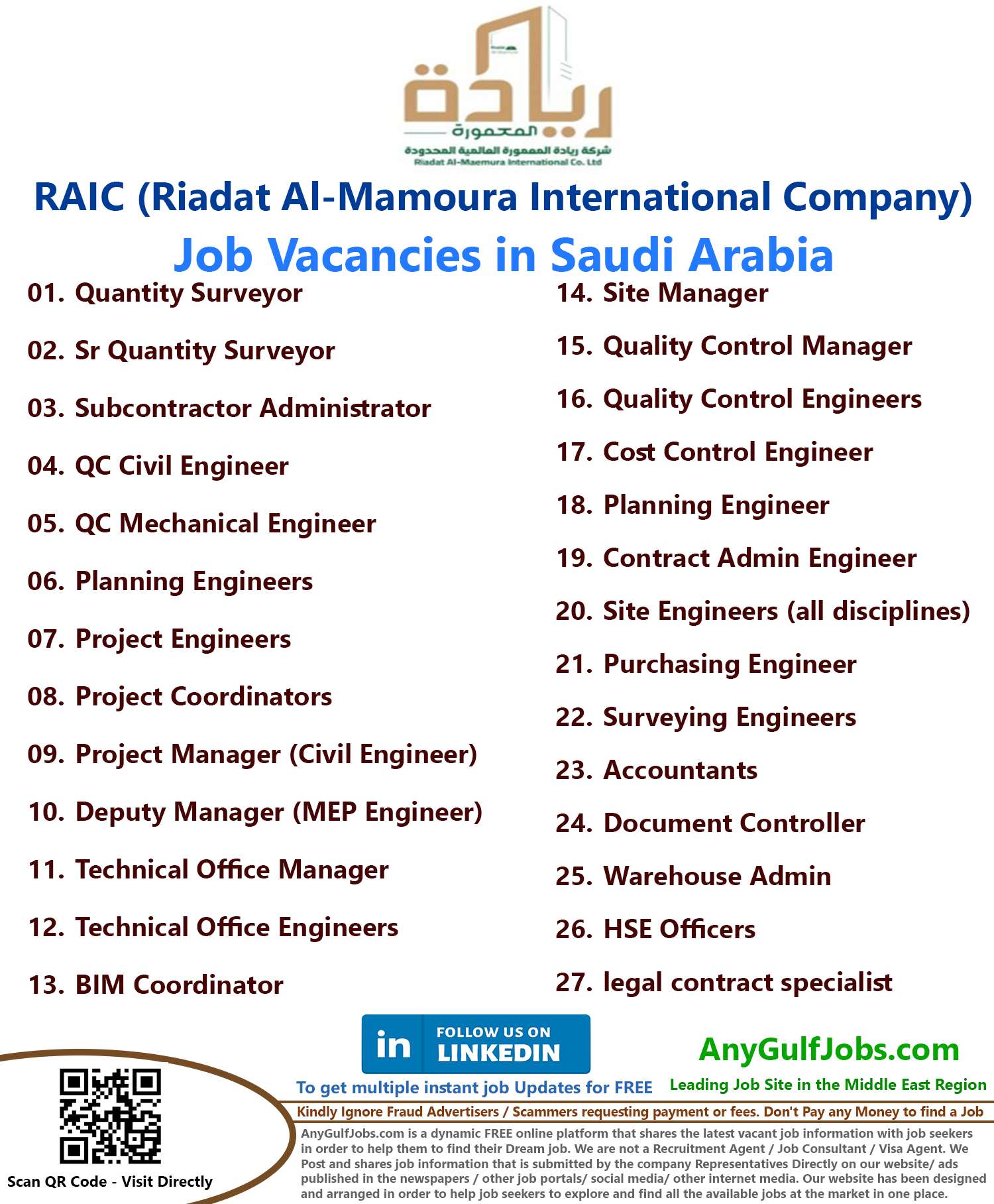 List of RAIC (Riadat Al-Mamoura International Company) Jobs - Saudi Arabia