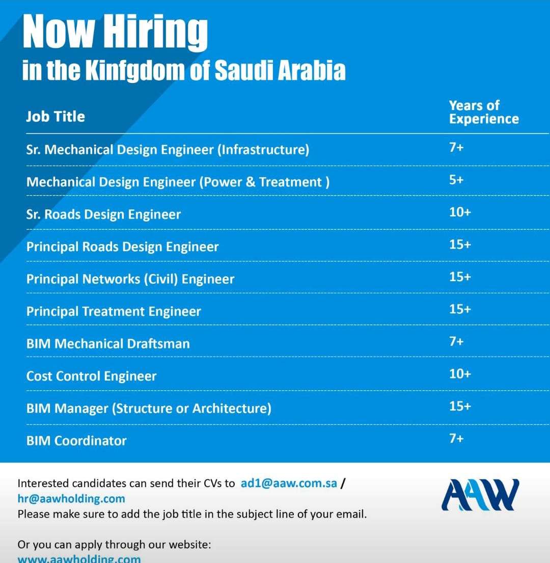 List of AAW Consulting Engineers Jobs in Saudi Arabia