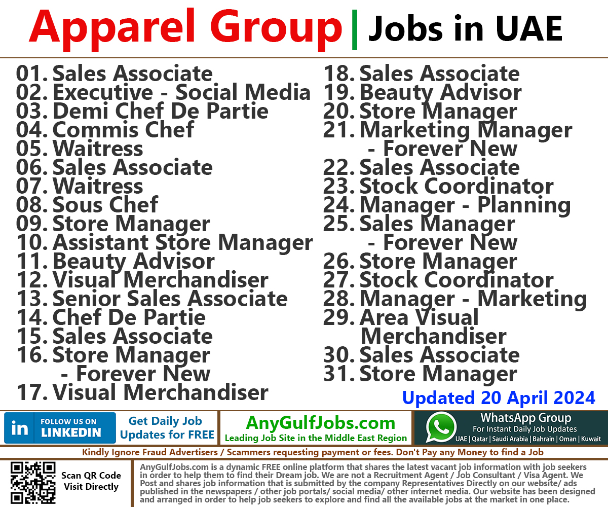Apparel Group Jobs in United Arab Emirates