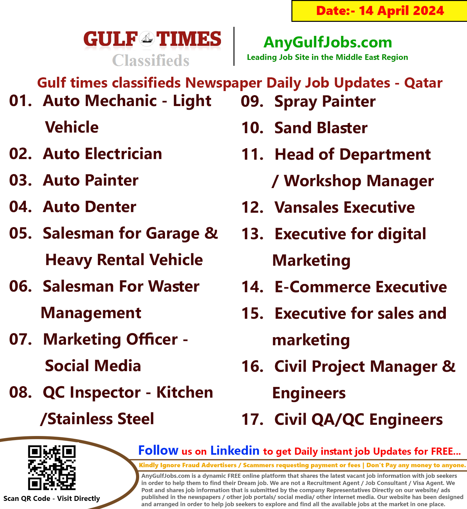 Gulf Times Classifieds Job Vacancies Qatar - 14 April 2024