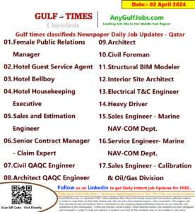 Gulf Times Classifieds Job Vacancies Qatar - 02 April 2024