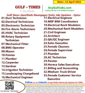 Gulf Times Classifieds Job Vacancies Qatar - 22 April 2024