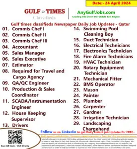 Gulf Times Classifieds Job Vacancies Qatar - 24 April 2024
