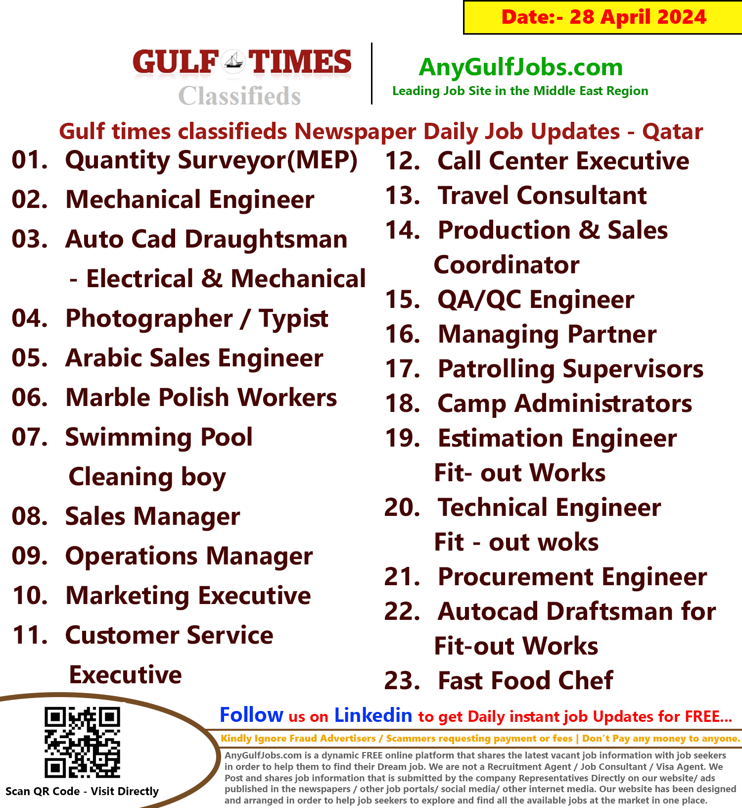 Gulf Times Classifieds Job Vacancies Qatar - 28 April 2024
