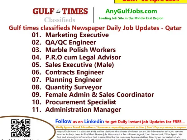 Gulf Times Classifieds Job Vacancies Qatar - 30 April 2024