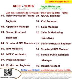Gulf Times Classifieds Job Vacancies Qatar - 04 April 2024
