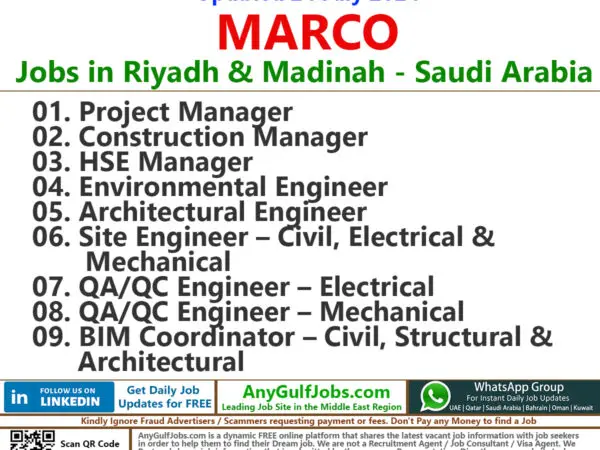 MARCO Job Vacancies - Riyadh & Madinah - Saudi Arabia