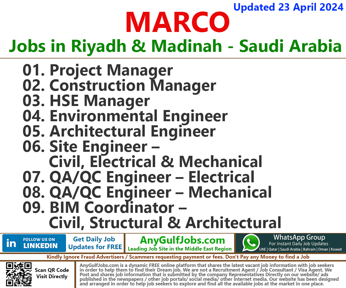 MARCO Job Vacancies Riyadh & Madinah - Saudi Arabia