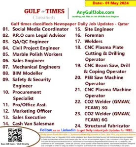 Gulf Times Classifieds Job Vacancies Qatar - 01 May 2024