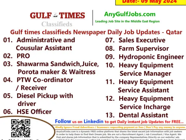 Gulf Times Classifieds Job Vacancies Qatar - 09 May 2024