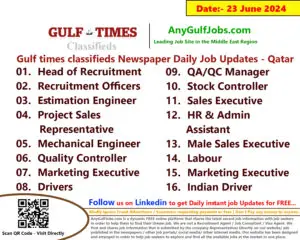 Gulf Times Classifieds Job Vacancies Qatar - 23 June 2024