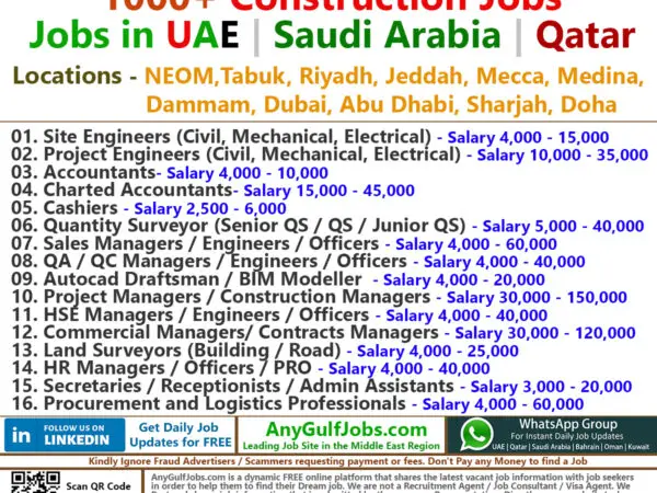 Construction Jobs in UAE | Saudi Arabia | Qatar