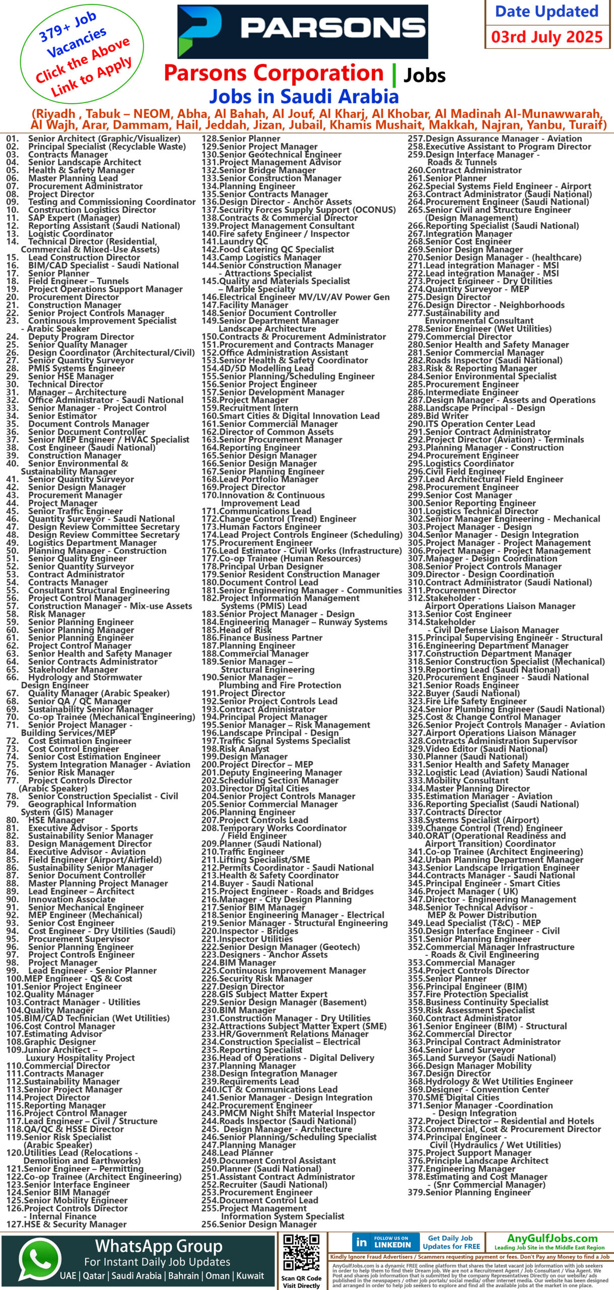 Parsons Corporation Jobs in Saudi Arabia (Riyadh , Tabuk – NEOM, Abha, Al Bahah, Al Jouf, Al Kharj, Al Khobar, Al Madinah Al-Munawwarah, Al Wajh, Arar, Dammam, Hail, Jeddah, Jizan, Jubail, Khamis Mushait, Makkah, Najran, Yanbu, Turaif)