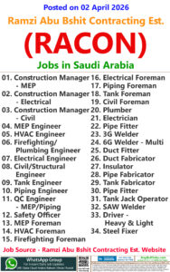 Ramzi Abu Bshit Contracting Est. (RACON) Jobs | Careers - Saudi Arabia