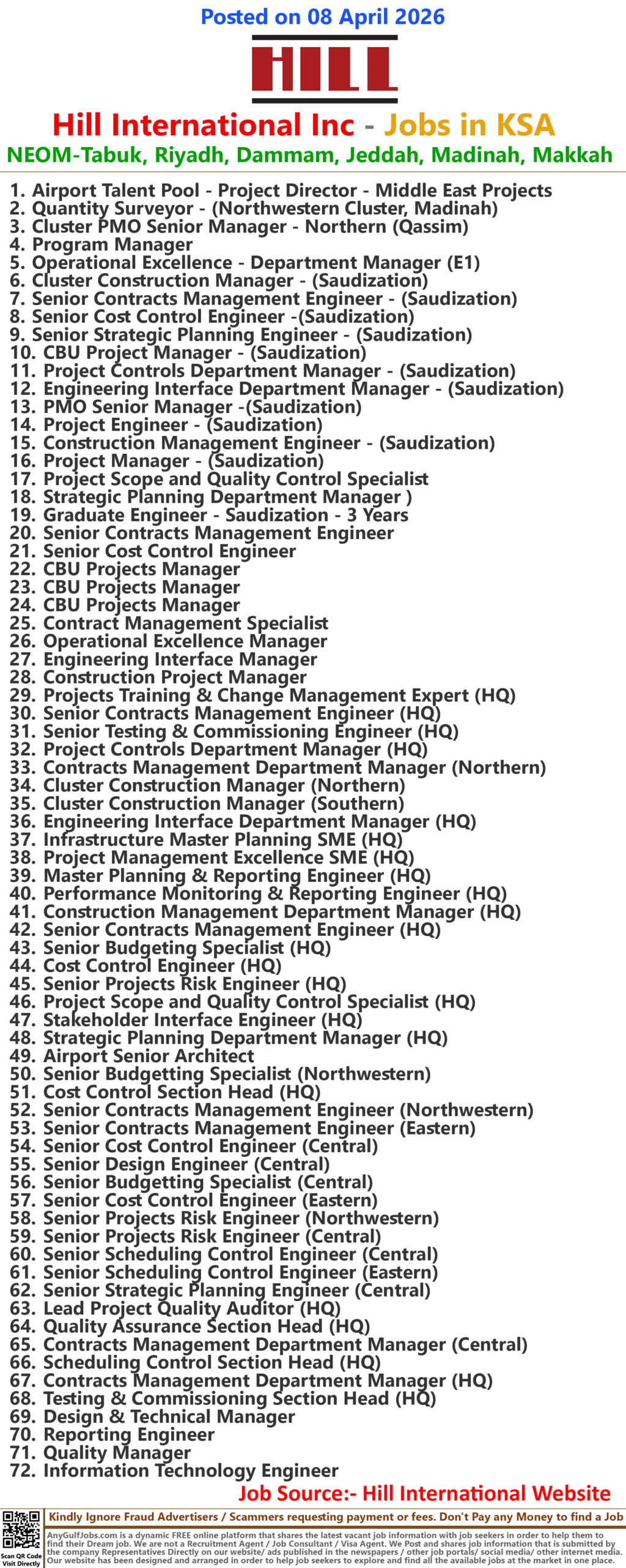 Hill International Inc Jobs in Saudi Arabia 3 Hill International Inc Jobs in Saudi Arabia - NEOM-Tabuk, Riyadh, Dammam, Jeddah, Madinah, Makkah - Latest Vacancies